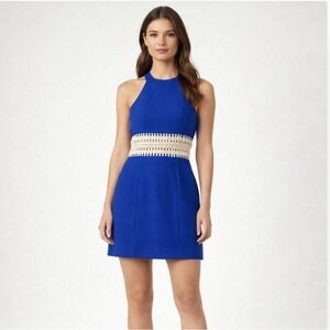 Lilly Pulitzer Royal Blue Halter Mini Dress Crochet Waist Cocktail Party Size 0